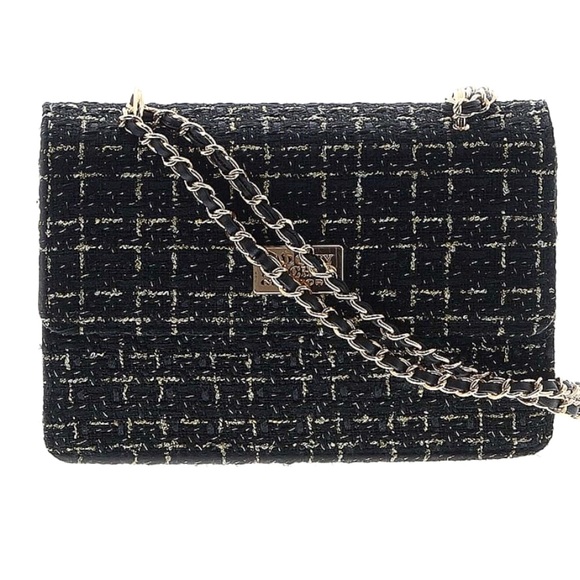 👛HP! NWT Badgley Mischka Monochrome Tweed CrossBody ChainStrap Messenger Bag - Picture 1 of 3